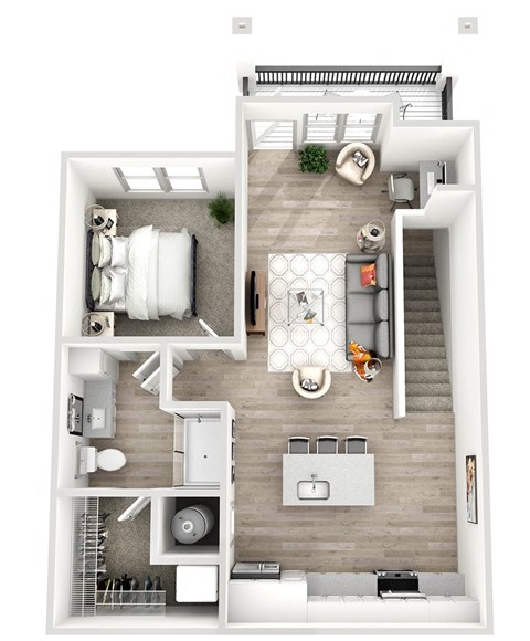 a stylized floor plan with a bedroom and a bathroom